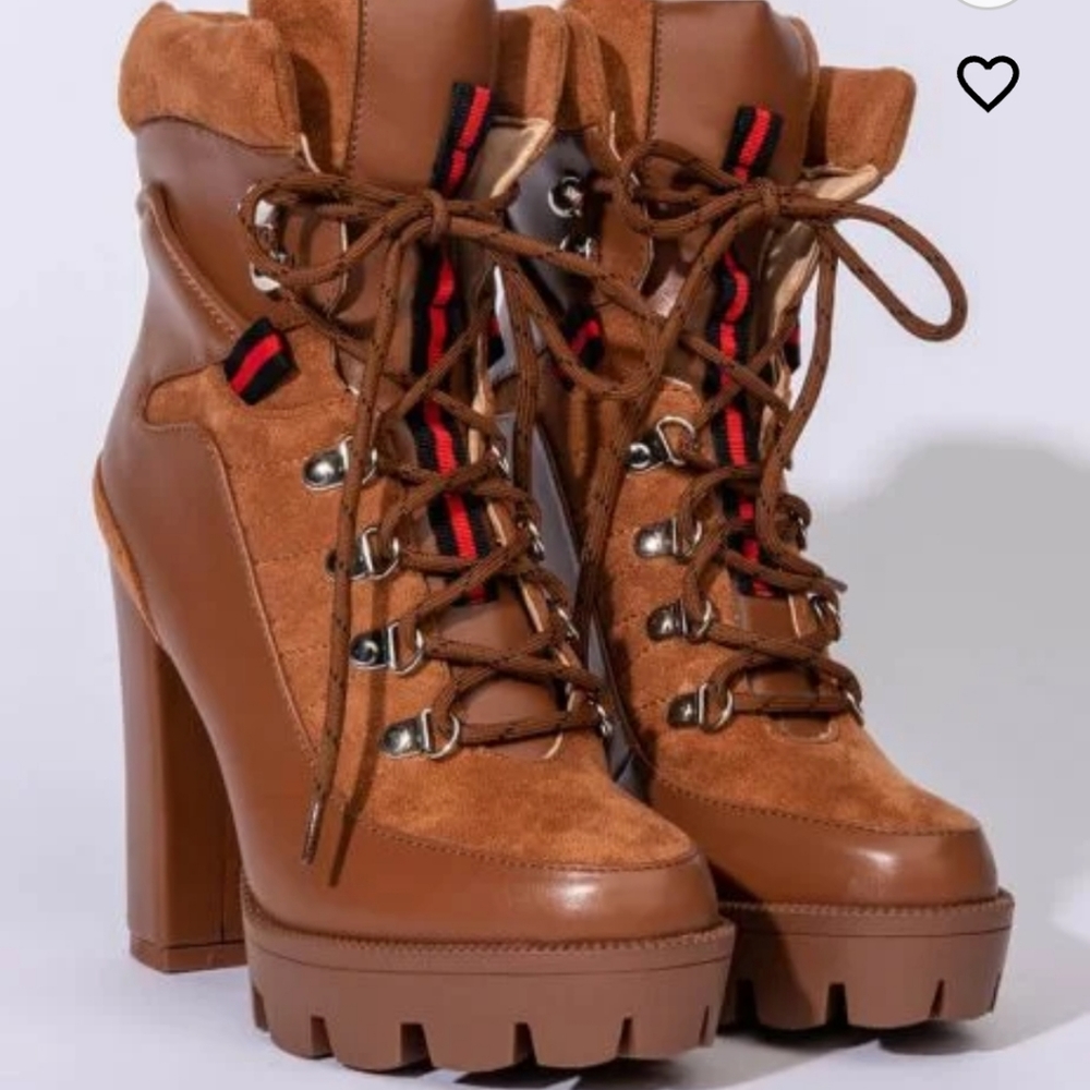 AKIRA Brown Suede & Leather Lug Heel Hiking Boots